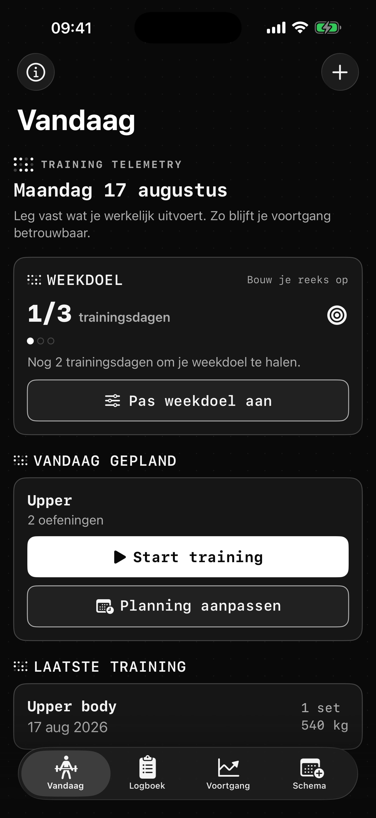 Training Telemetry Vandaag-scherm met weekdoel en geplande training