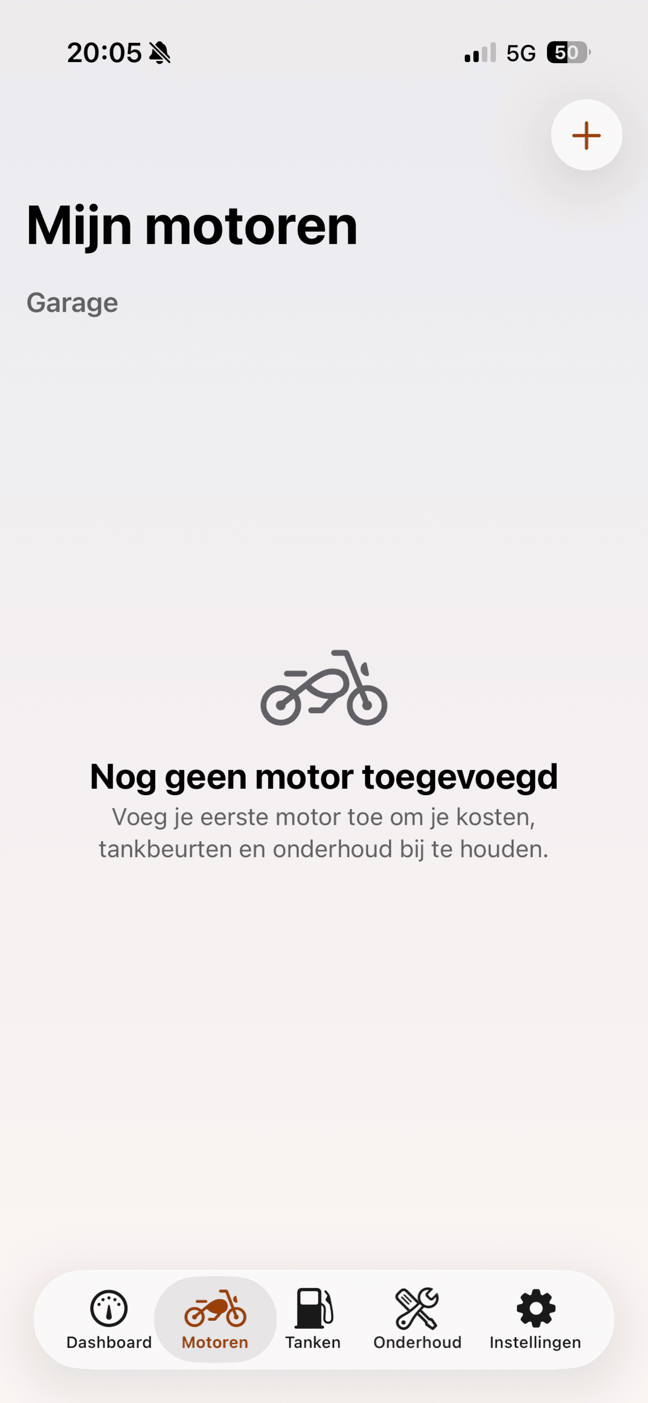 Het Mijn motoren-scherm in MotoKas, vóór het toevoegen van een motor