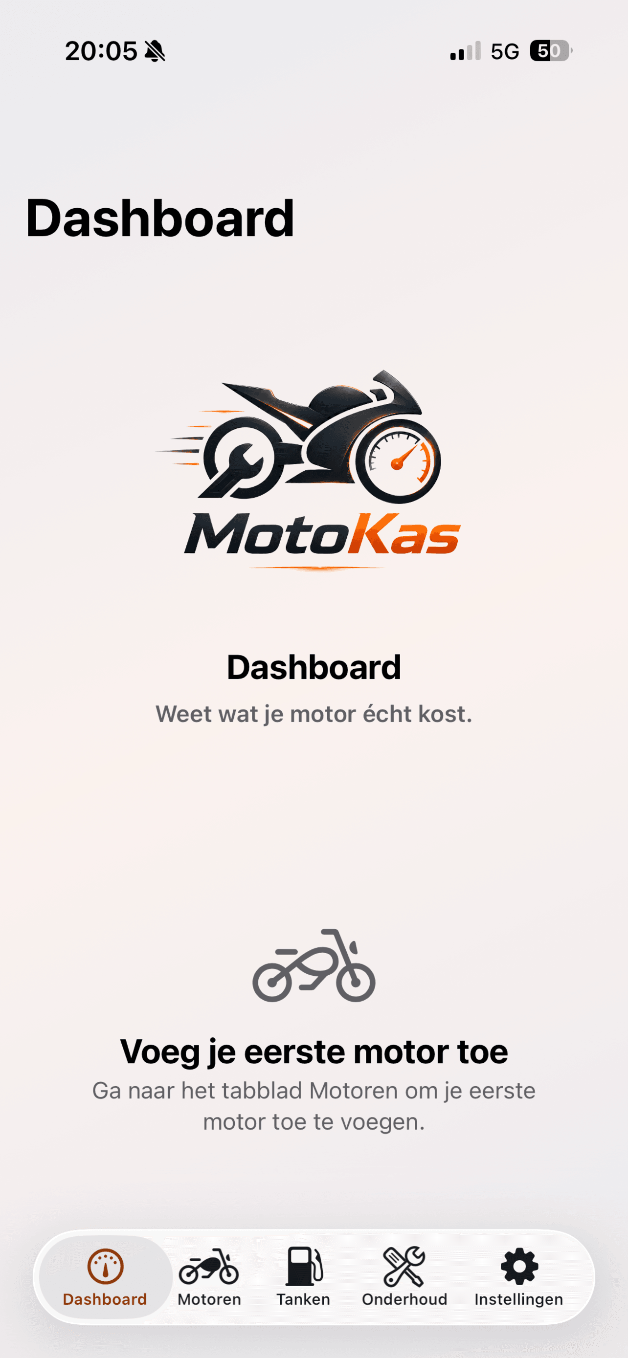 Het welkomstscherm van het MotoKas-dashboard
